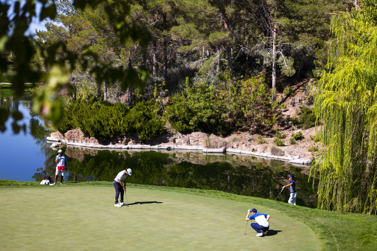 Lanto Griffin, lower left, putts on the fourth green during the third round of the CJ Cup golf ...