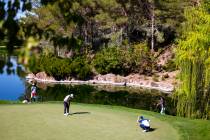 Lanto Griffin, lower left, putts on the fourth green during the third round of the CJ Cup golf ...