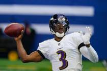 Baltimore Ravens quarterback Robert Griffin III (3) throws before an NFL football game against ...