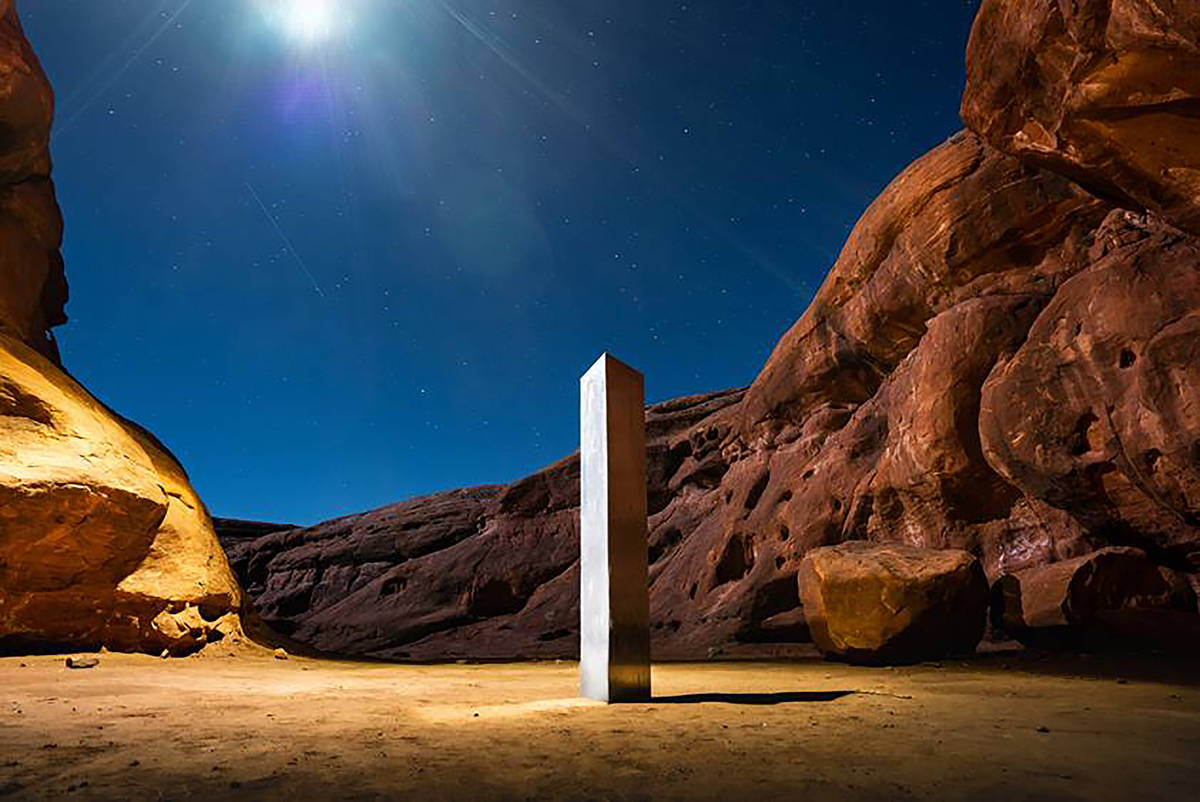 AThis Nov. 27, 2020 photo by Terrance Siemon shows a monolith that was placed in a red-rock des ...