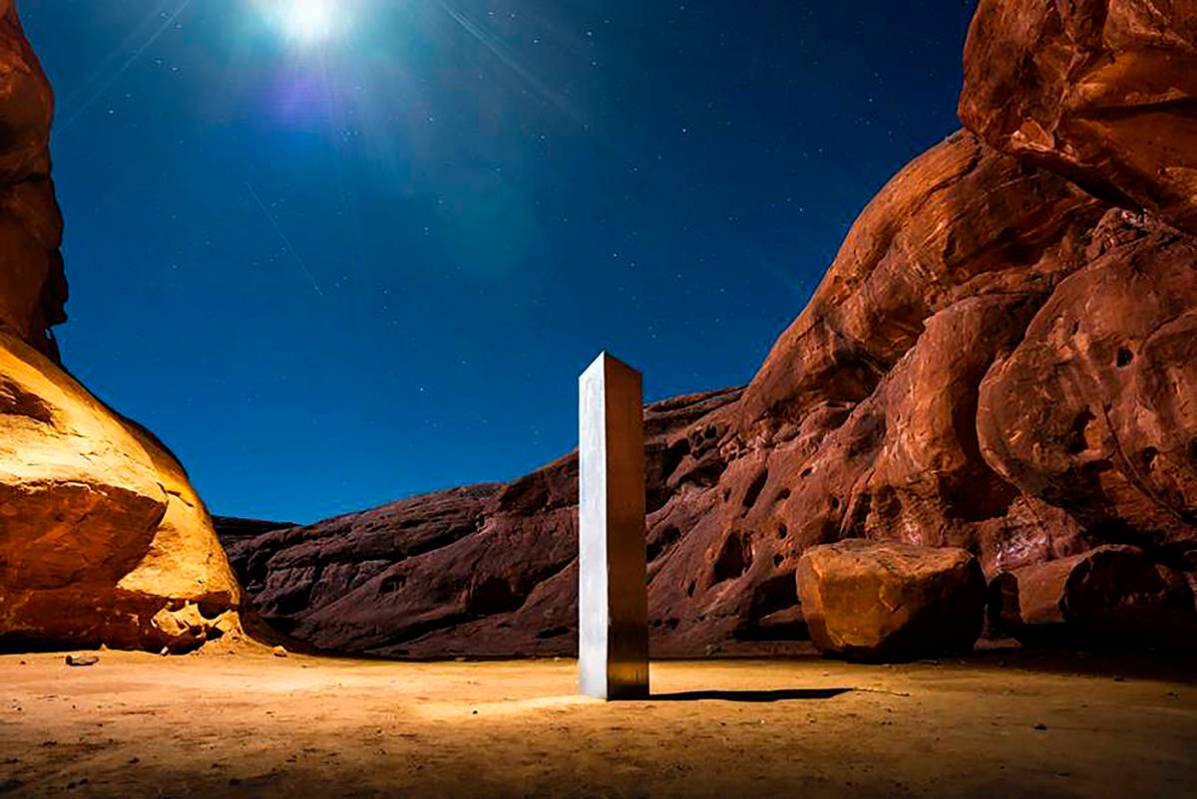 AThis Nov. 27, 2020 photo by Terrance Siemon shows a monolith that was placed in a red-rock des ...
