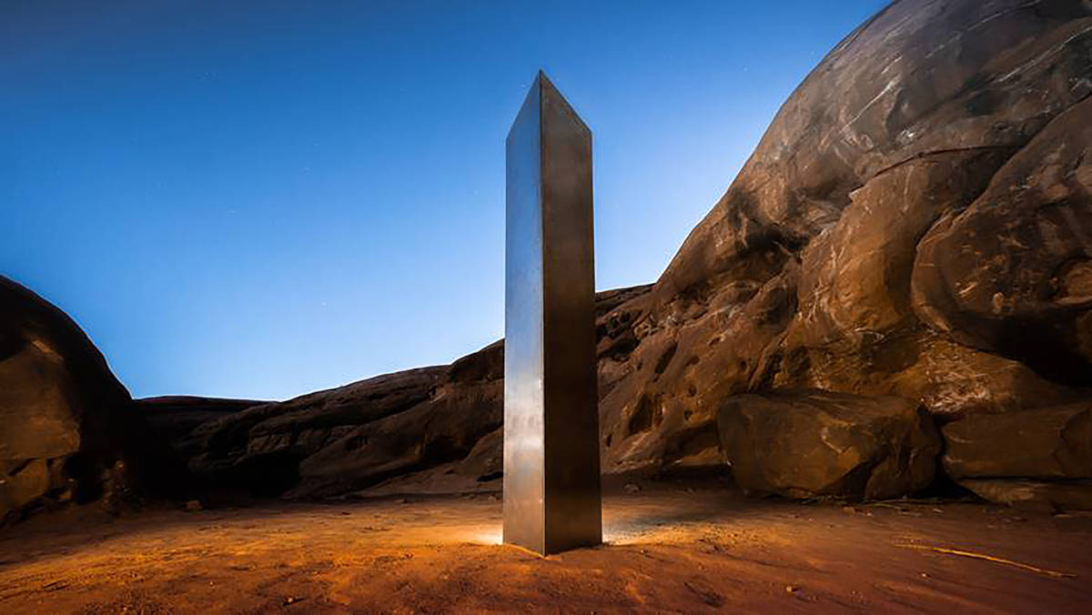 This Nov. 27, 2020 photo by Terrance Siemon shows a monolith that was placed in a red-rock dese ...