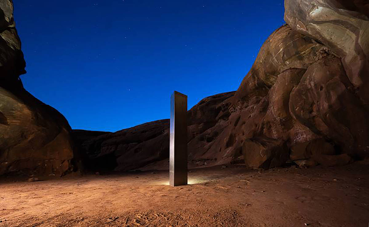 This Nov. 27, 2020 photo by Terrance Siemon shows a monolith that was placed in a red-rock dese ...