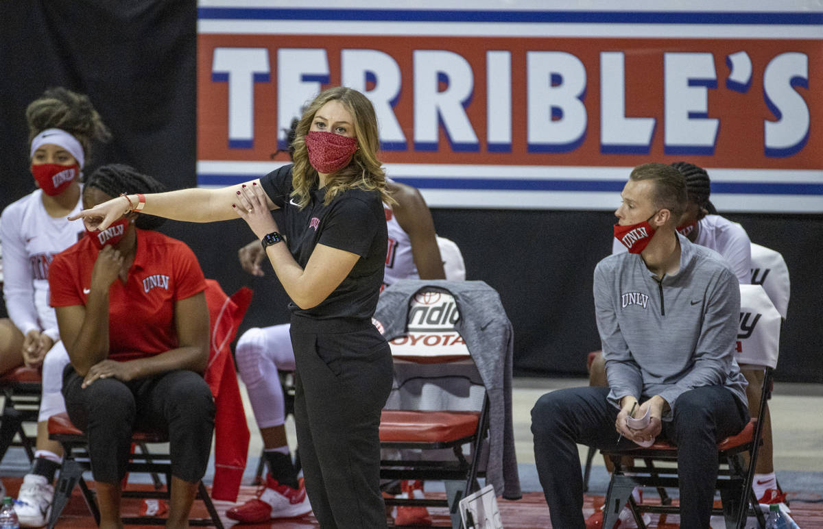 UNLV Lady Rebels head coach Lindy La Rocque directs her team versus the Stanford Cardinals duri ...