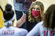 UNLV Lady Rebels head coach Lindy La Rocque instructs her players during a time out versus the ...