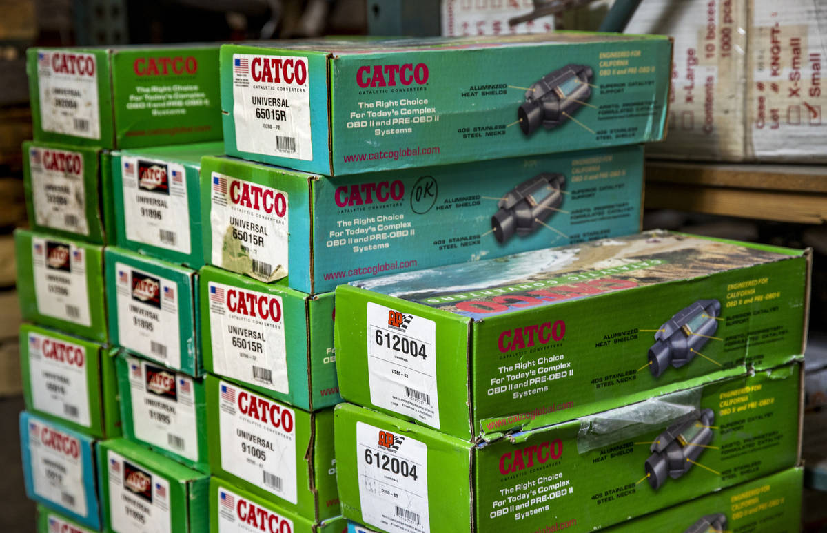 Catco catalytic converters in stock at the Supreme Automotive Warehouse on Nov. 24, 2020. (L.E. ...