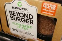 In a June 27, 2019, file photo a meatless burger patty called Beyond Burger made by Beyond Meat ...