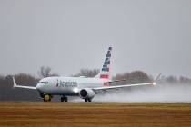 An American Airlines Boeing 737 Max takes off at Tulsa International Airport to fly to Dallas W ...