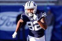 BYU wide receiver Chris Jackson (82) runs a route against North Alabama during an NCAA college ...