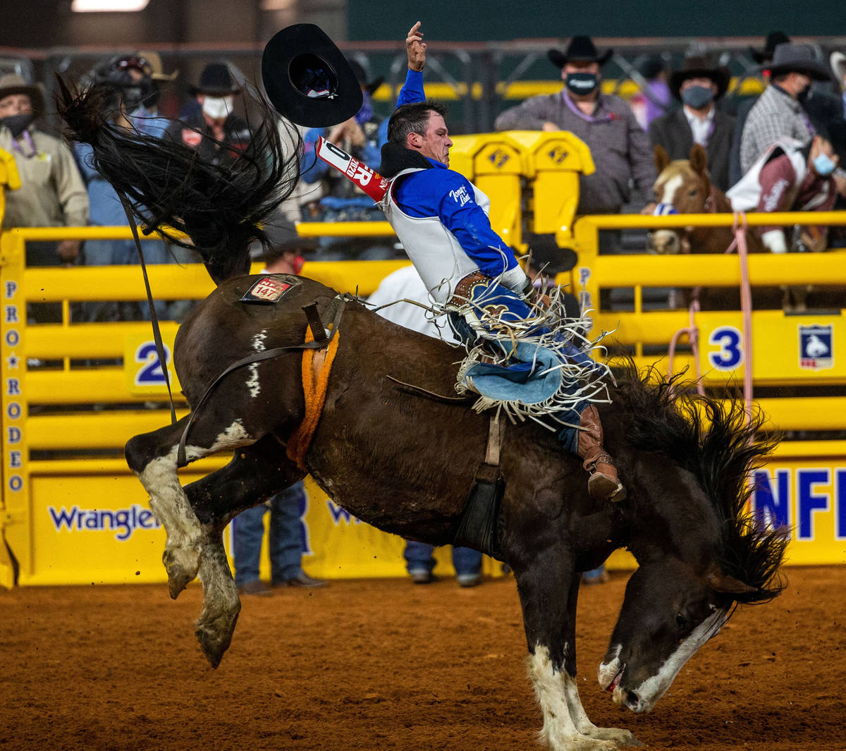 PRCA first round bareback winner Richmond Champion competes during the opening night of the Nat ...