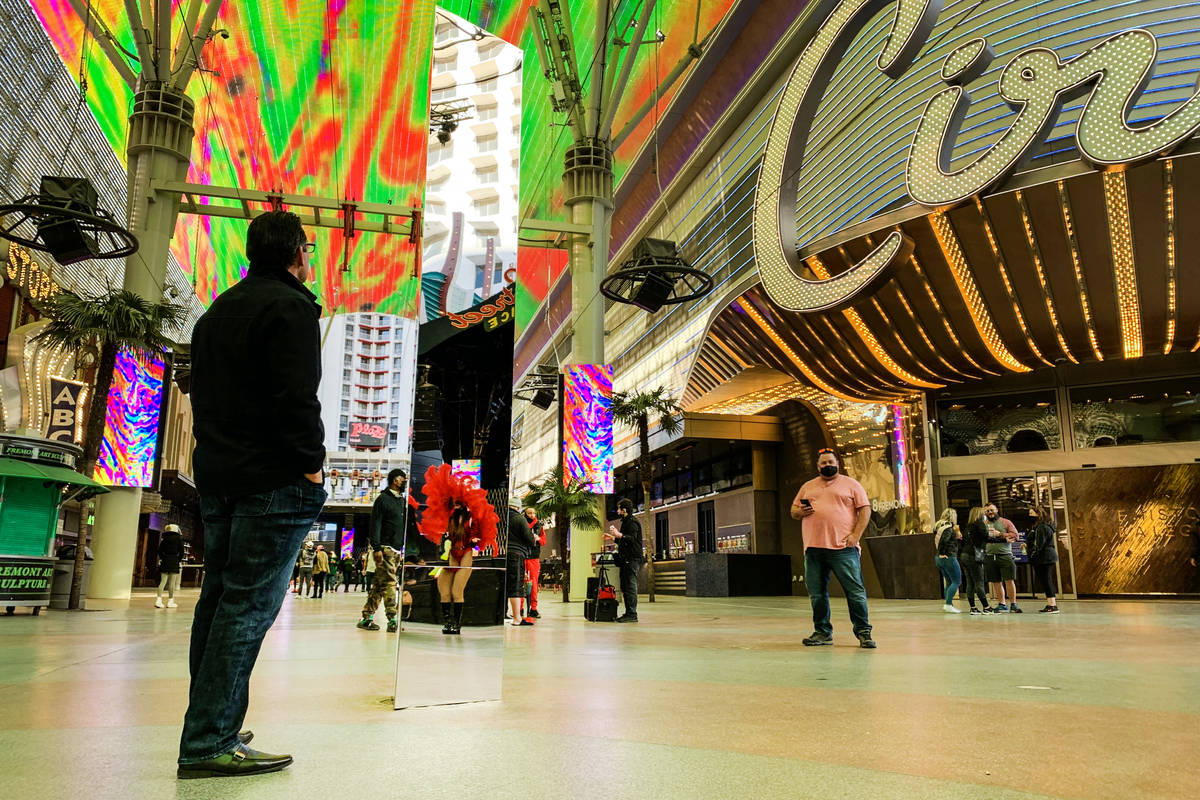 A 10-foot monolith stands under the Fremont Street Canopy in Las Vegas Friday, Dec. 4, 2020. (E ...