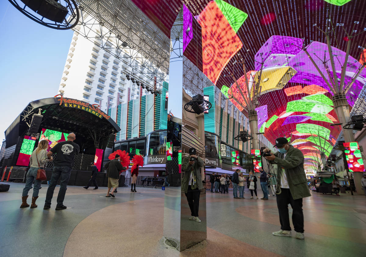 A 10-foot monolith stands under the Fremont Street Canopy in downtown Las Vegas Friday, Dec. 4, ...