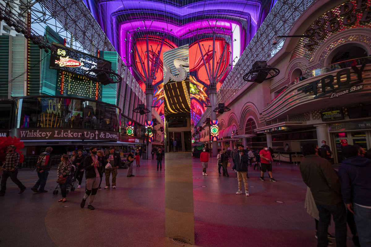 A 10-foot monolith stands under the Fremont Street Canopy in downtown Las Vegas Friday, Dec. 4, ...