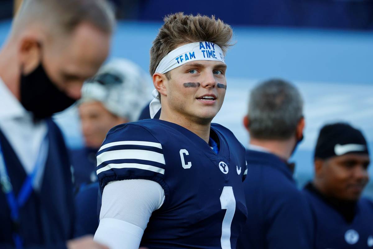 BYU quarterback Zach Wilson (1) reacts after their win against North Alabama in an NCAA college ...