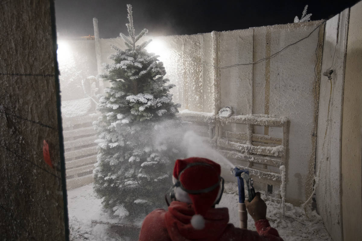 Chili Barragan frocks a tree at Rudolph's Christmas Trees on Saturday, Dec. 5, 2020, in Las Veg ...