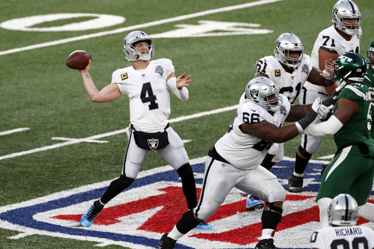 Las Vegas Raiders quarterback Derek Carr (4) in action during an NFL football game against the ...