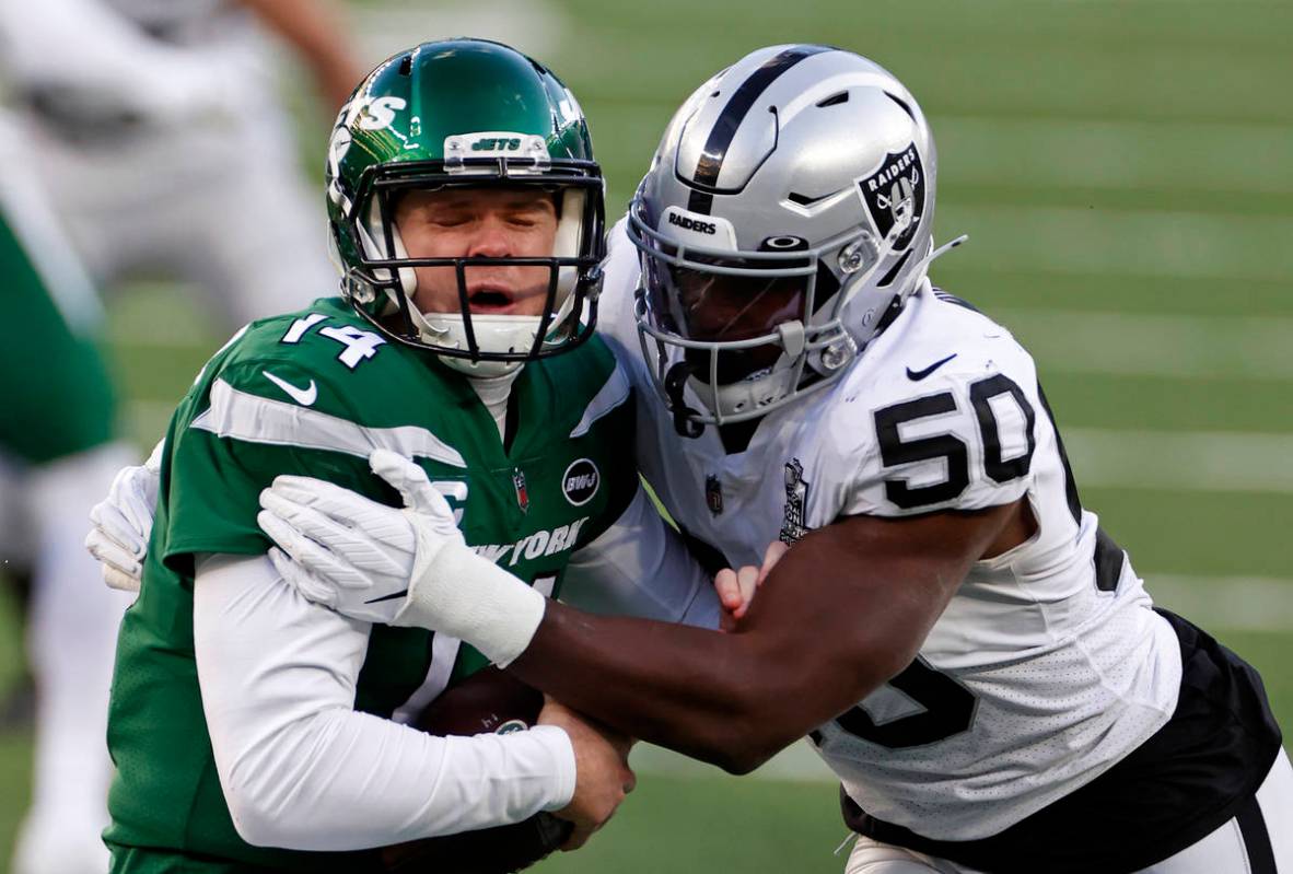 Las Vegas Raiders outside linebacker Nicholas Morrow (50) sacks New York Jets quarterback Sam D ...
