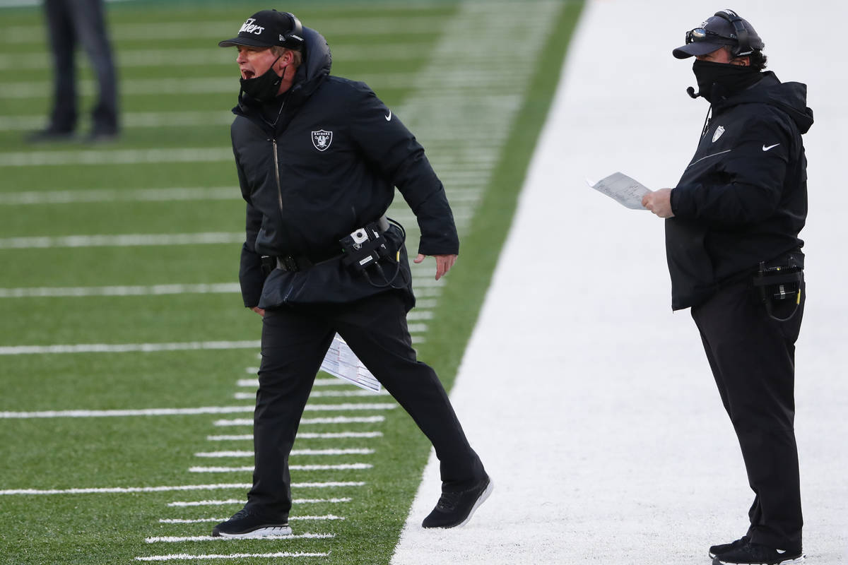 Las Vegas Raiders head coach Jon Gruden yells during the second half an NFL football game again ...