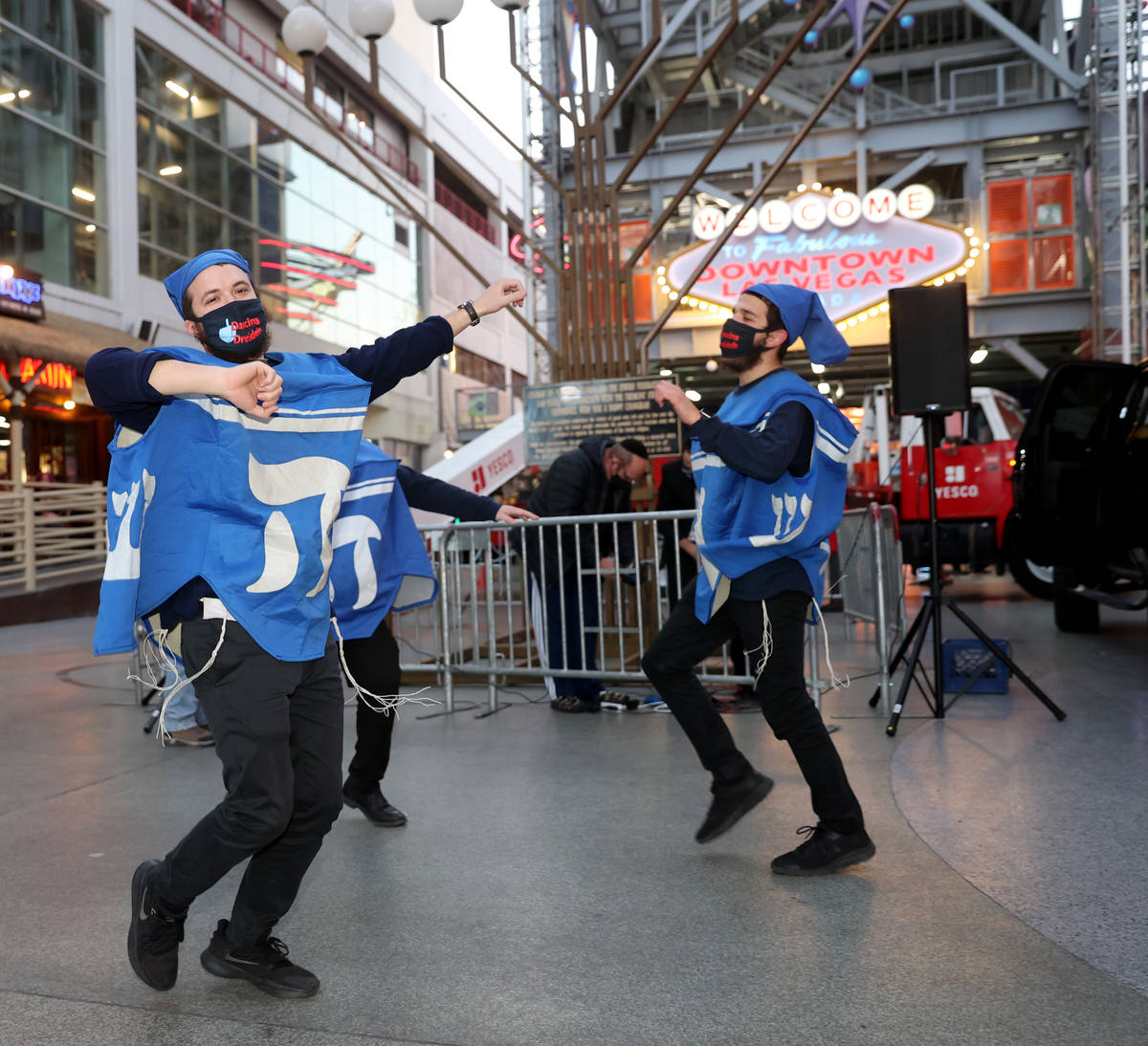 Members of the Dancing Dreidels, Mendy Piekarski of Miami, left, and Shaul Rimler of Phoenix da ...