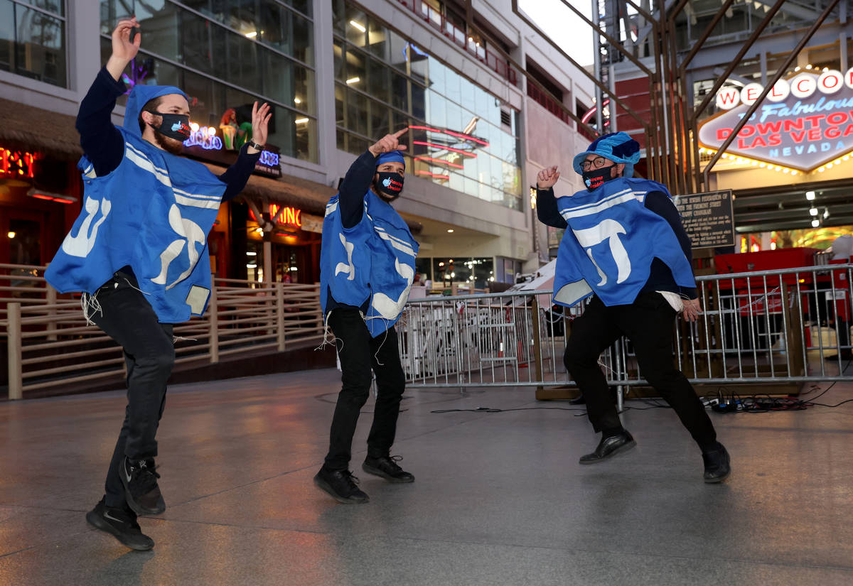 Members of the Dancing Dreidels, Mendy Piekarski of Miami, Shaul Rimler of Phoenix and Lev Vosk ...