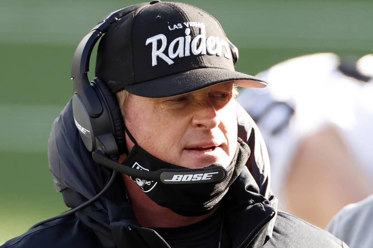 Las Vegas Raiders head coach Jon Gruden looks on before an NFL football game against the New Yo ...