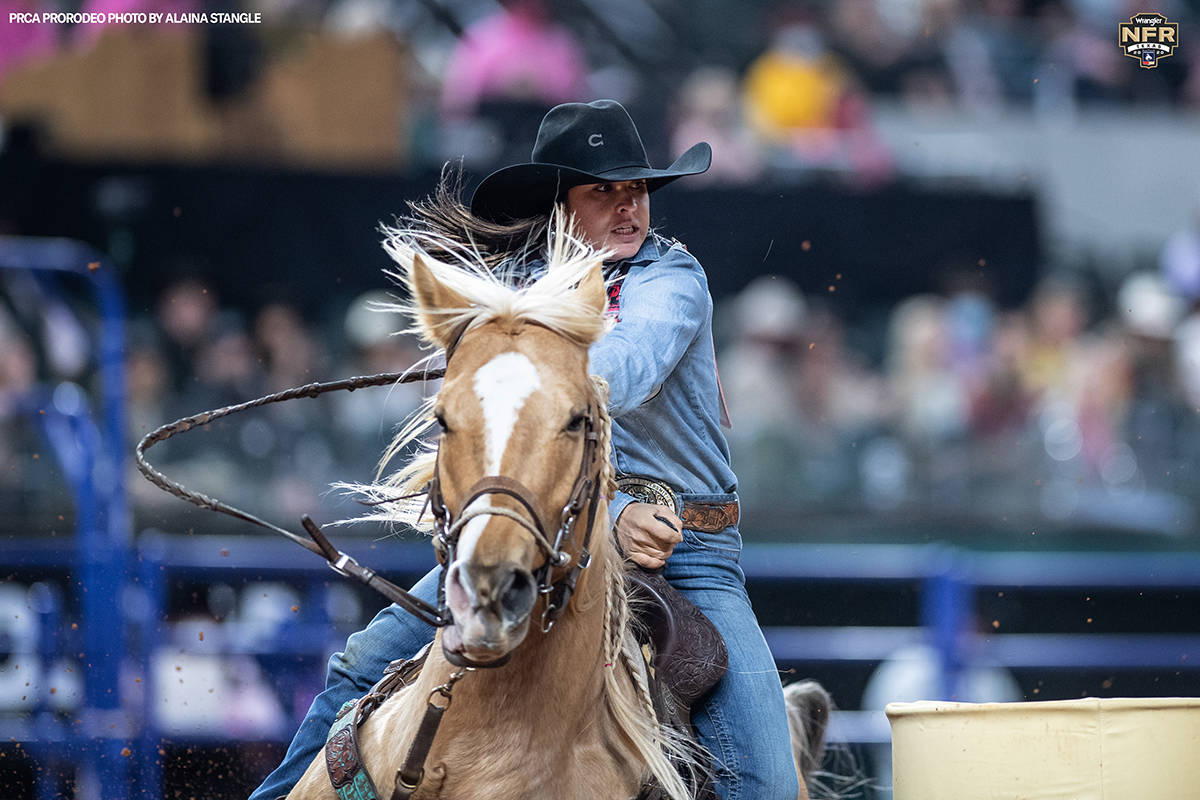 Hailey Kinsel performs during the fifth go-round of the National Finals Rodeo in Arlington, Tex ...