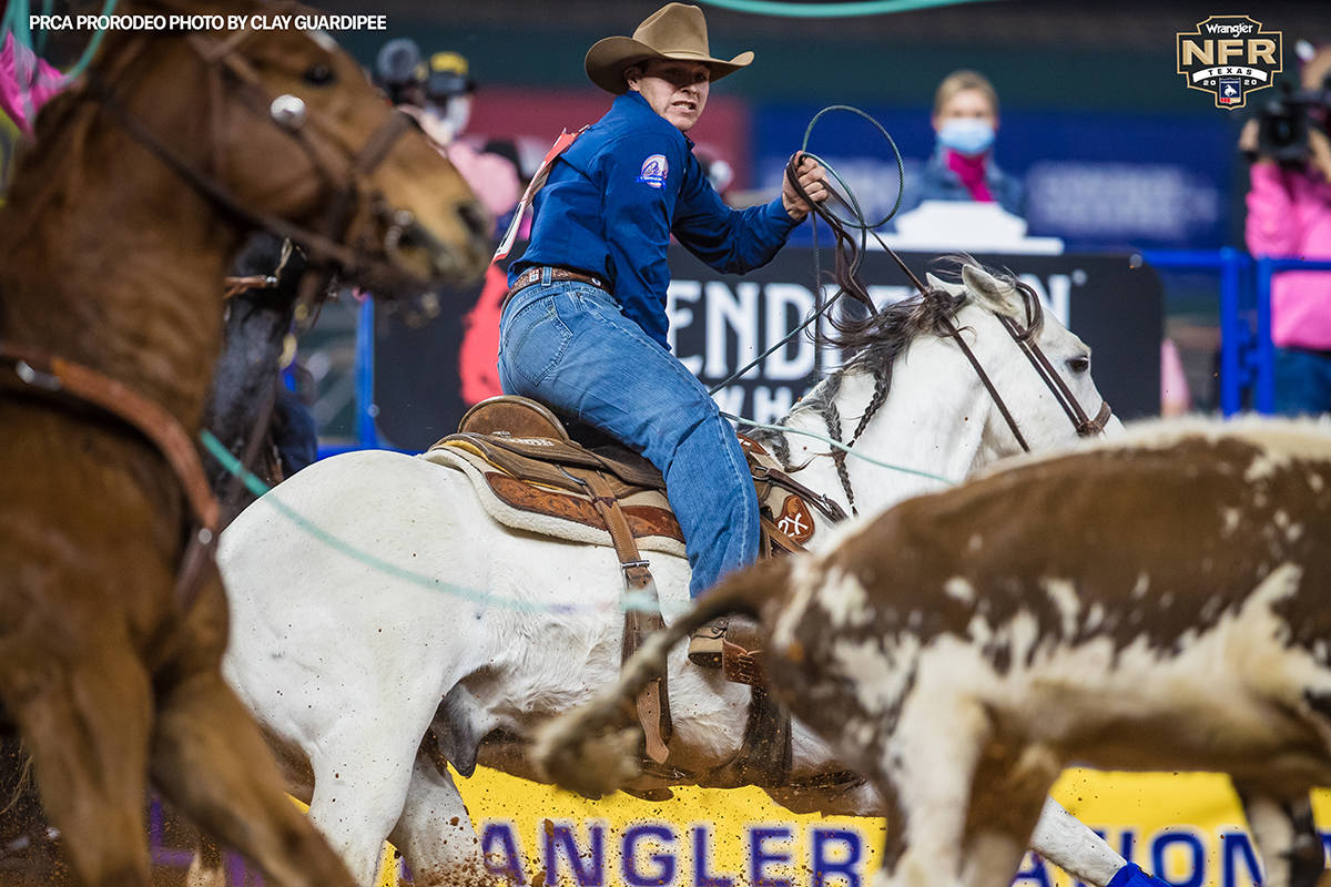 Clay Smith performs during the fifth go-round of the National Finals Rodeo in Arlington, Texas, ...