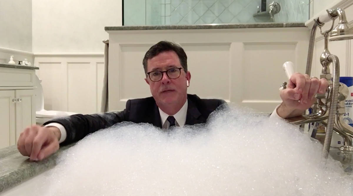 Stephen Colbert appears in his bathtub in his first broadcast from home during the pandemic. (CBS)
