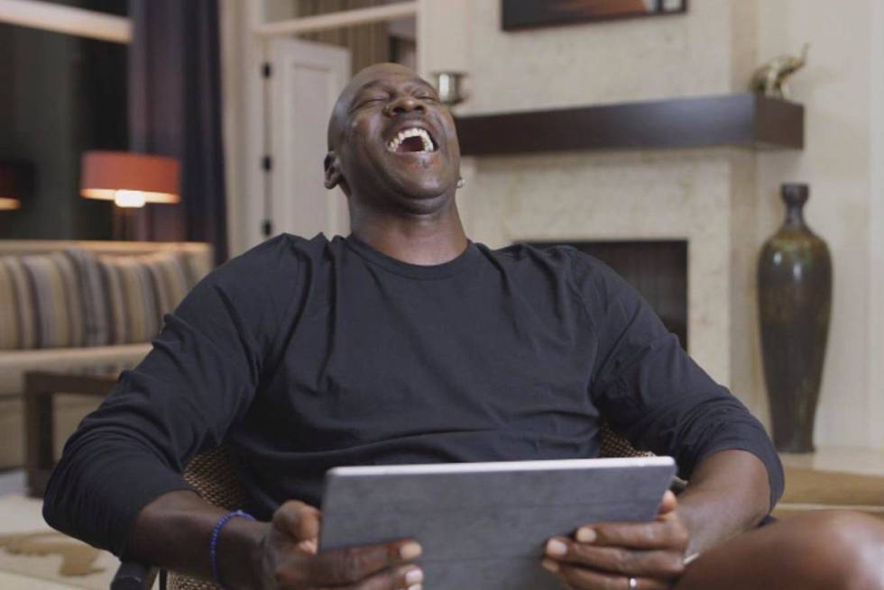 Michael Jordan laughs in a scene from "The Last Dance." (ESPN)