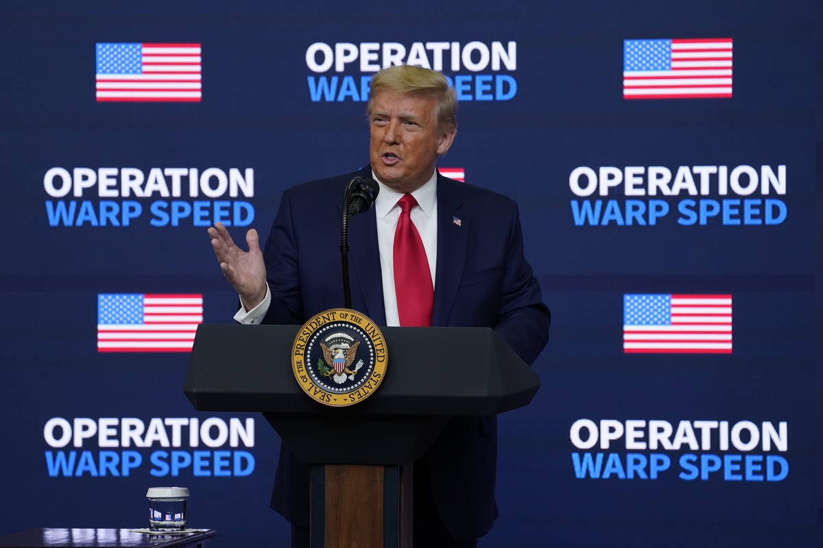 President Donald Trump speaks during an "Operation Warp Speed Vaccine Summit" on the ...