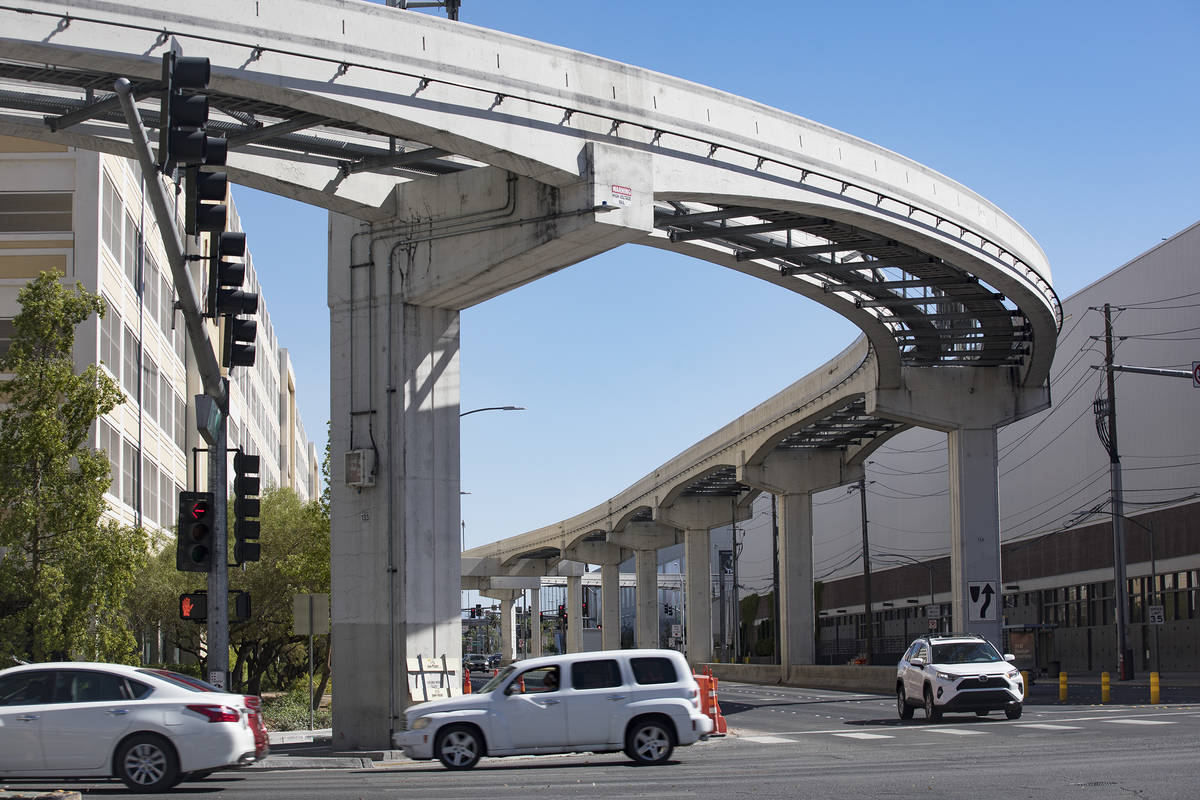 The Las Vegas Monorail track along Sands Avenue and Koval Lane in Las Vegas, Tuesday, Aug. 11, ...