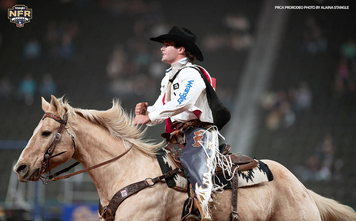 Cole Reiner performs on Tuesday, Dec. 8, 2020 on Day 6 of the Nationals Finals Rodeo in Arlingt ...