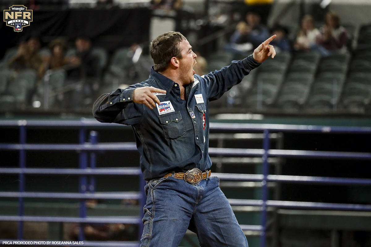 Jacob Edler reacts on Tuesday, Dec. 8, 2020 on Day 6 of the Nationals Finals Rodeo in Arlington ...
