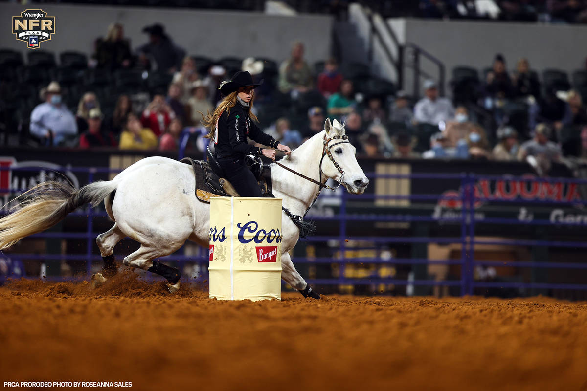 Emily Miller performs on Tuesday, Dec. 8, 2020 on Day 6 of the Nationals Finals Rodeo in Arling ...