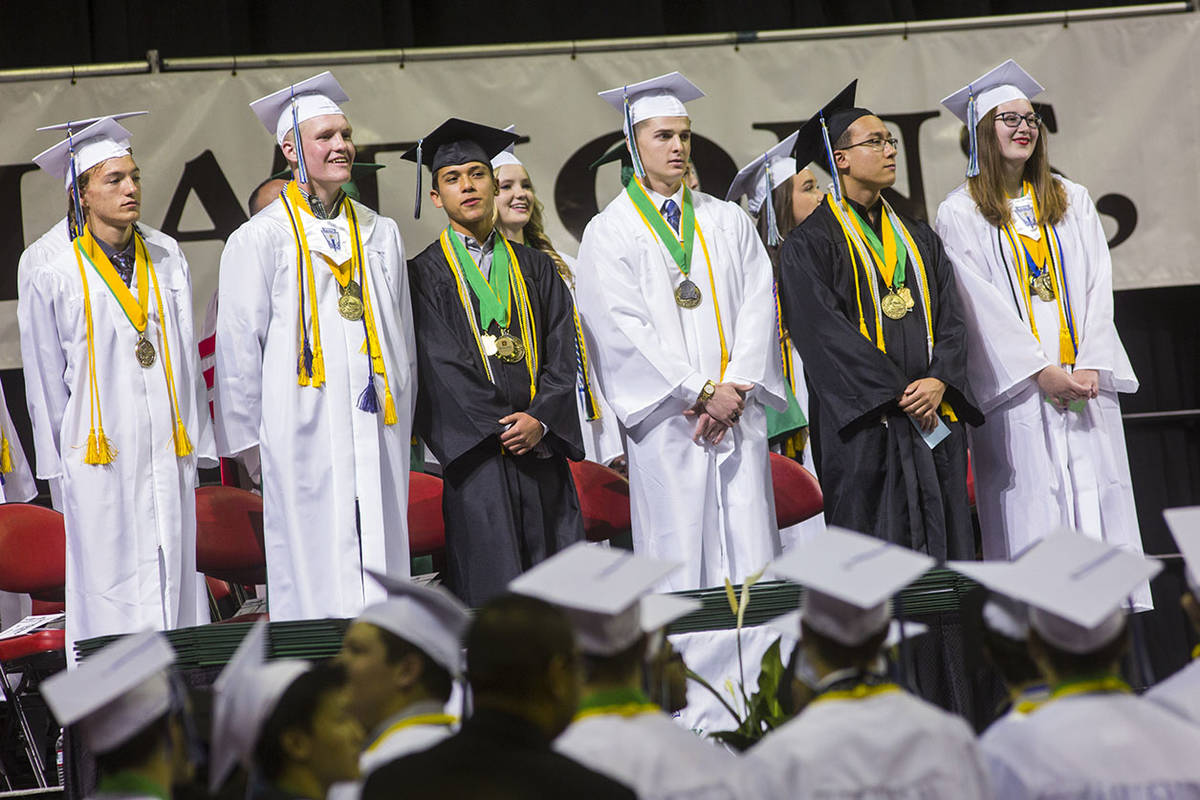 Graduating Green Valley High School valedictorians, from left, Jack Burgess, Tuff Donovan, Xavi ...
