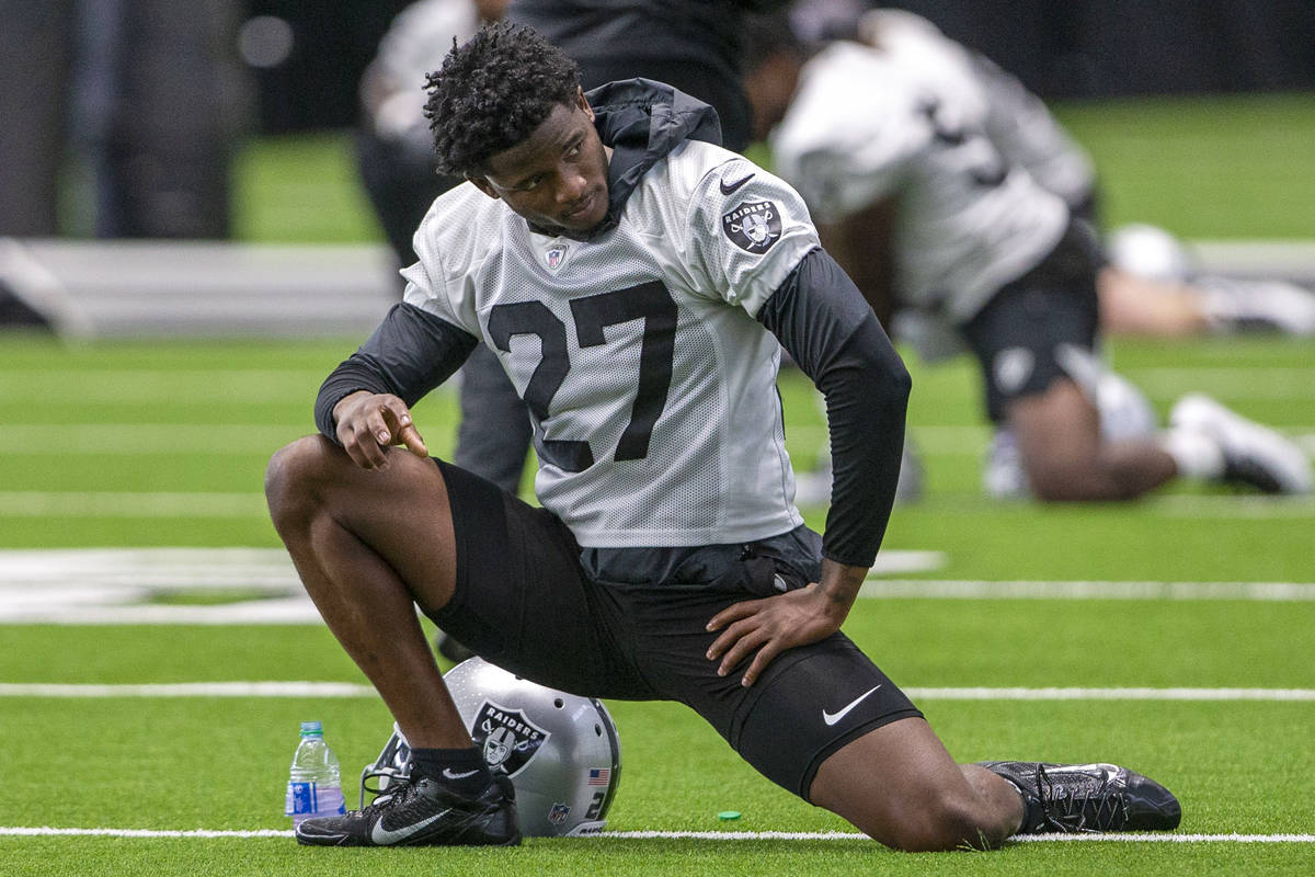 Las Vegas Raiders cornerback Trayvon Mullen (27) stretches during a practice session at the Int ...