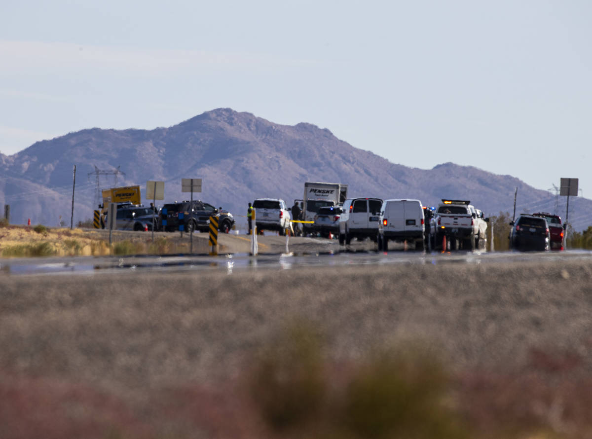 Nevada Highway Patrol troopers respond to the scene of a crash that left at least five bicyclis ...