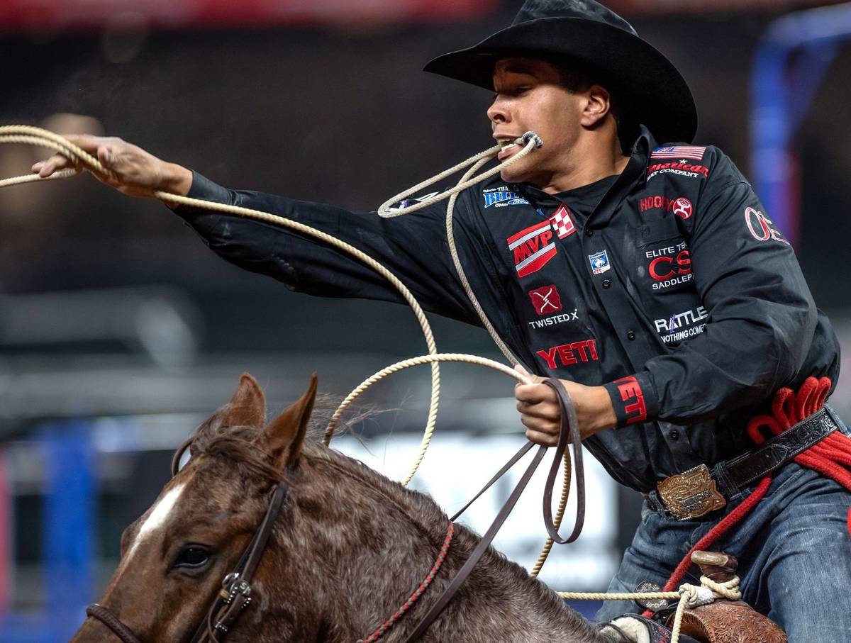 Shad Mayfield performs on Saturday, Dec. 12, 2020, on Day 10 of the Nationals Finals Rodeo in A ...