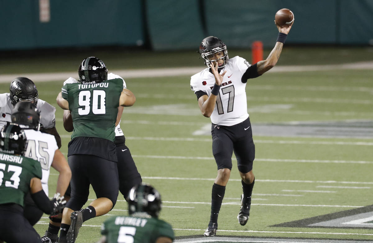 UNLV quarterback Doug Brumfield (17) throws a pass against Hawaii during the first half of an N ...