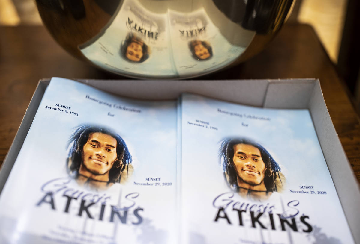 A box of programs at the entrance to a memorial service for Genesis Atkins on Saturday, Dec. 12 ...