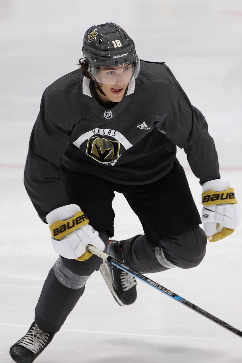 This July 14, 2020, file photo shows Vegas Golden Knights Peyton Krebs (18) during a team prac ...