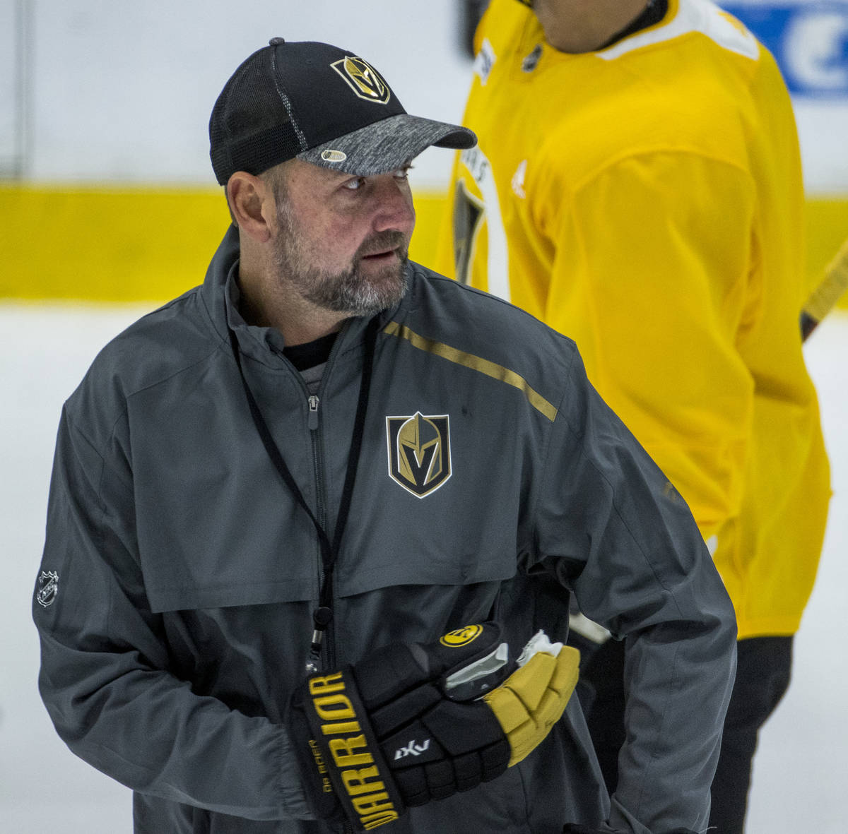 Vegas Golden Knights head coach Peter DeBoer looks to his players during practice at the City N ...