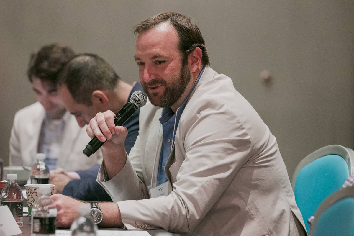 Ty Stewart of Caesars Entertainment speaks to the esports committee at Downtown Grand hotel-cas ...