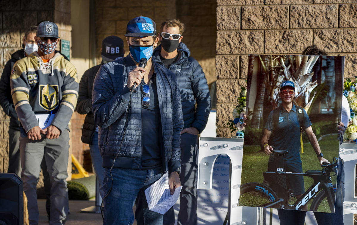 Ritch Viola shares memories of his friend Tom Trauger during a vigil honoring the lives of five ...