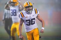 LSU's Cade York (36) celebrates after kicking a field goal against Florida in the final minute ...