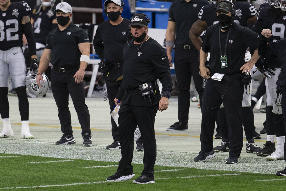 Raiders head coach Jon Gruden reacts after a penalty by strong safety Johnathan Abram (24), not ...
