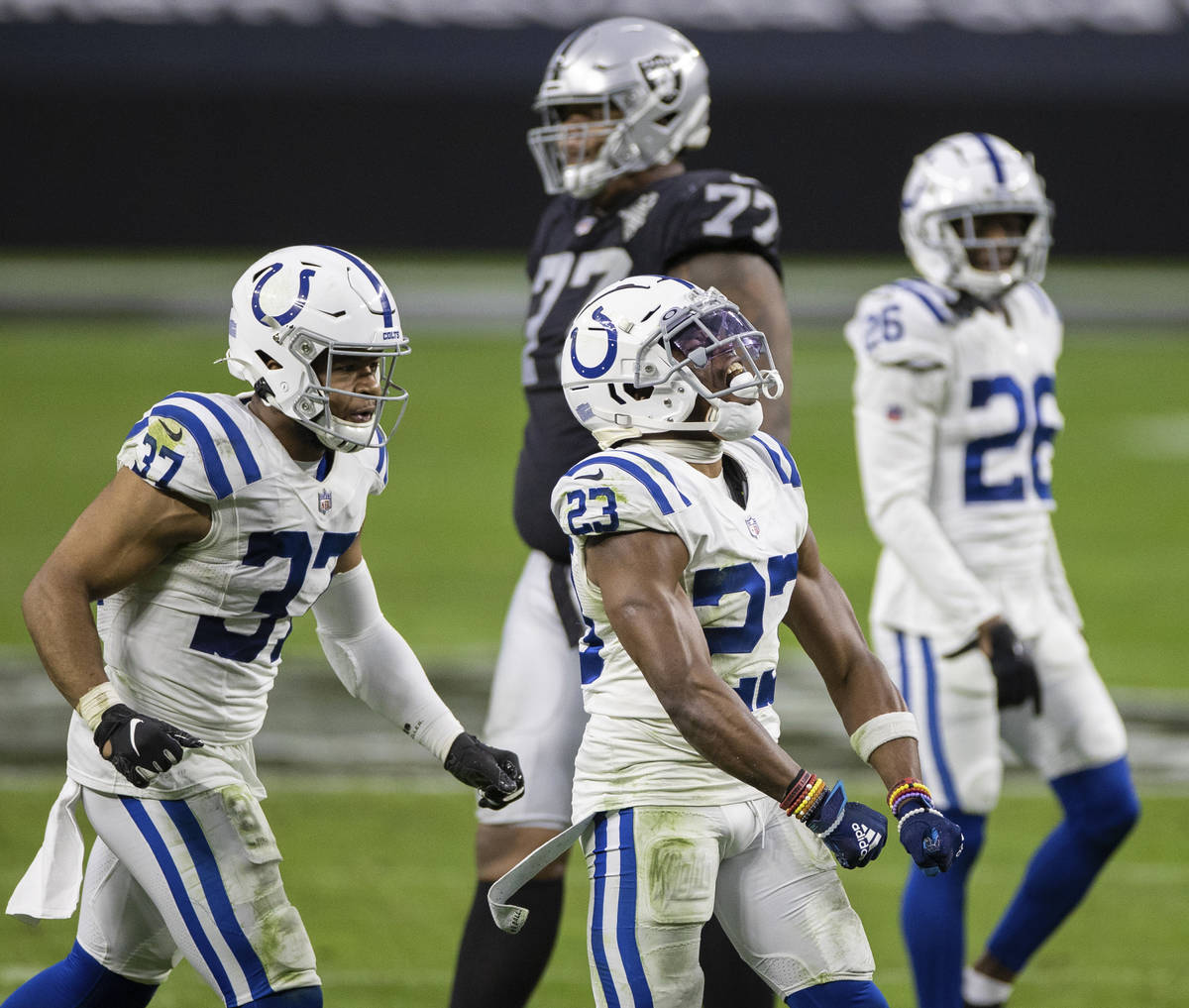 Indianapolis Colts cornerback Kenny Moore II (23) celebrates a big defensive play with Indianap ...