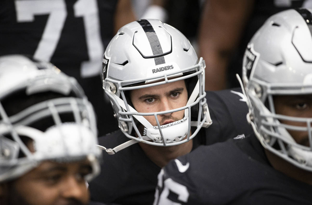 Raiders wide receiver Hunter Renfrow (13) waits to take the field before the start of an NFL fo ...