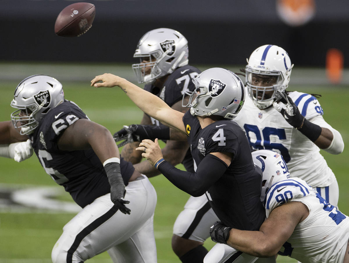 Raiders quarterback Derek Carr (4) is tackled as he throws by Indianapolis Colts defensive tack ...