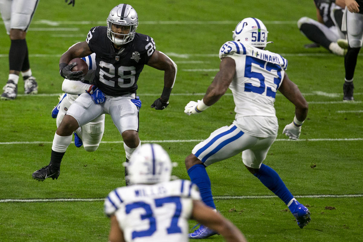 Raiders running back Josh Jacobs (28) looks to run against Indianapolis Colts outside linebacke ...